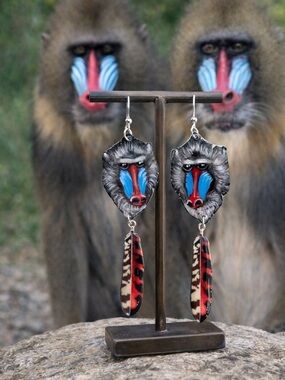 Mandrill monkey handpainted lightweight wearable art earrings feather charm OOAK